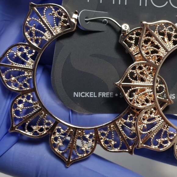MINICCI Rose Gold tone 2-in Hoop Filigree Design Drop Earrings - Women's Jewelry - Picture 5 of 5